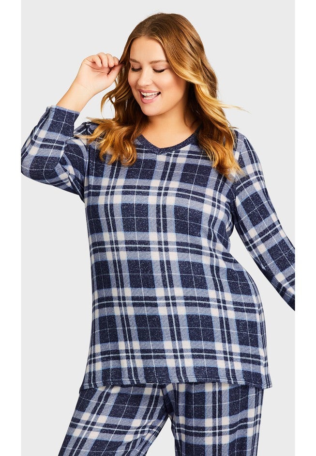 Hacci V Neck Check Top, PINK CHECK, alternate image number null