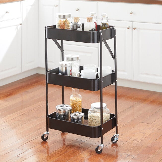 3-Tier Foldable Rolling Cart, BLACK, hi-res image number null
