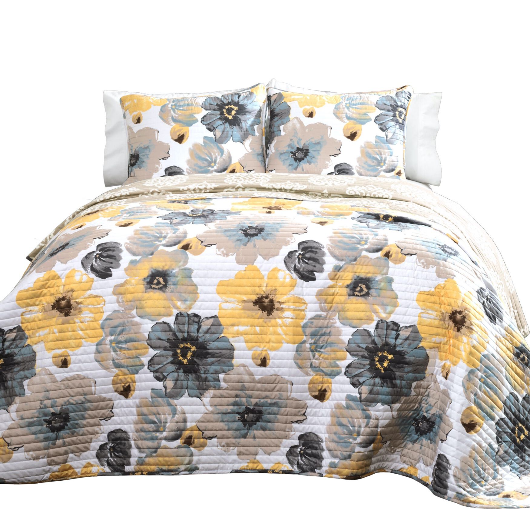 Lush D&eacute;cor Leah Quilt Blue 3Pc Set, YELLOW GRAY, hi-res image number 0