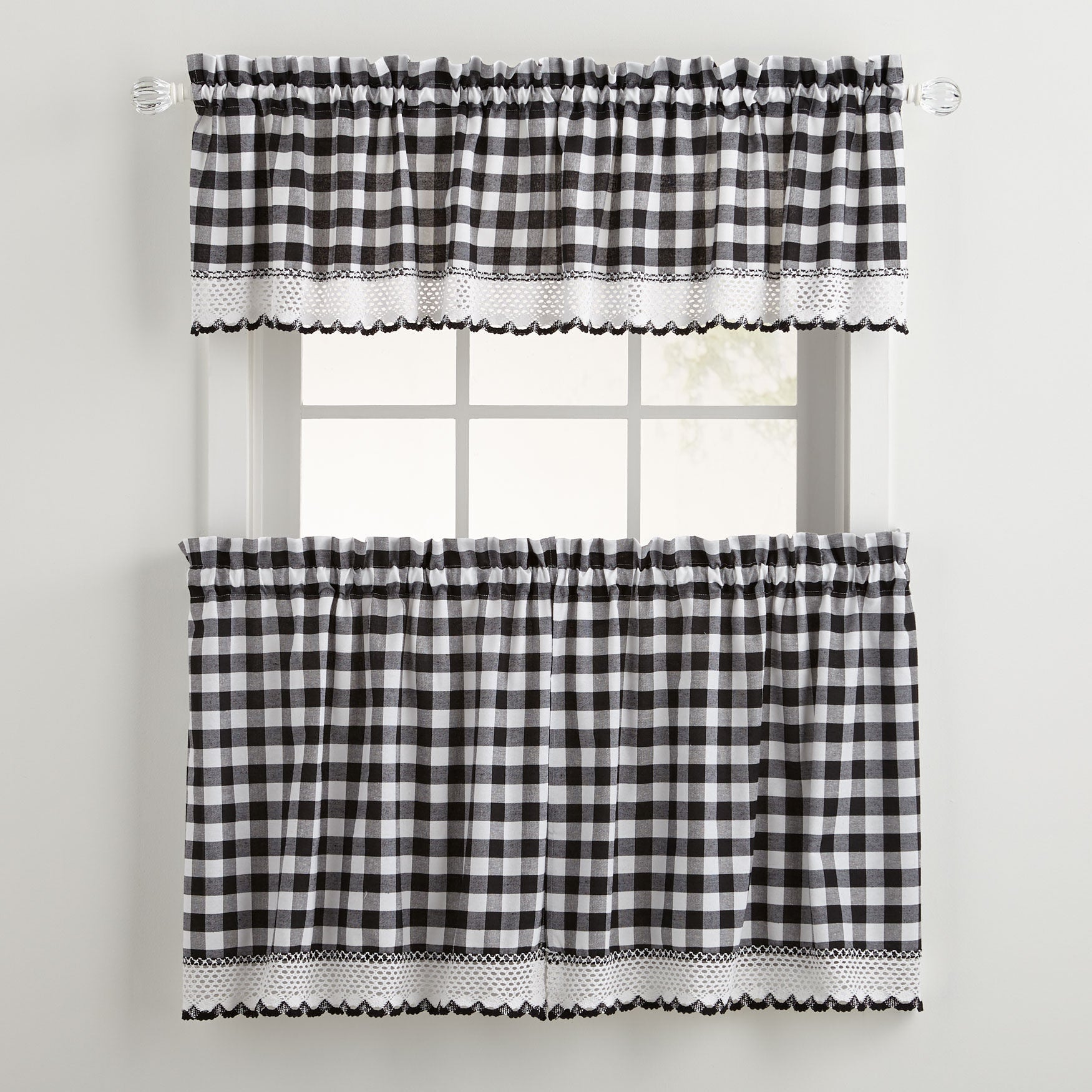 Buffalo Check Tier Curtain Set, Valance Not Included, BLACK WHITE, hi-res image number 0