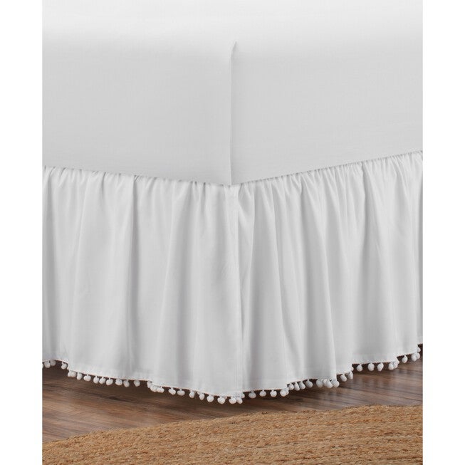 Belles & Whistles Pom Pom Trim 15 inches Drop Bed Skirt, WHITE, hi-res image number 0