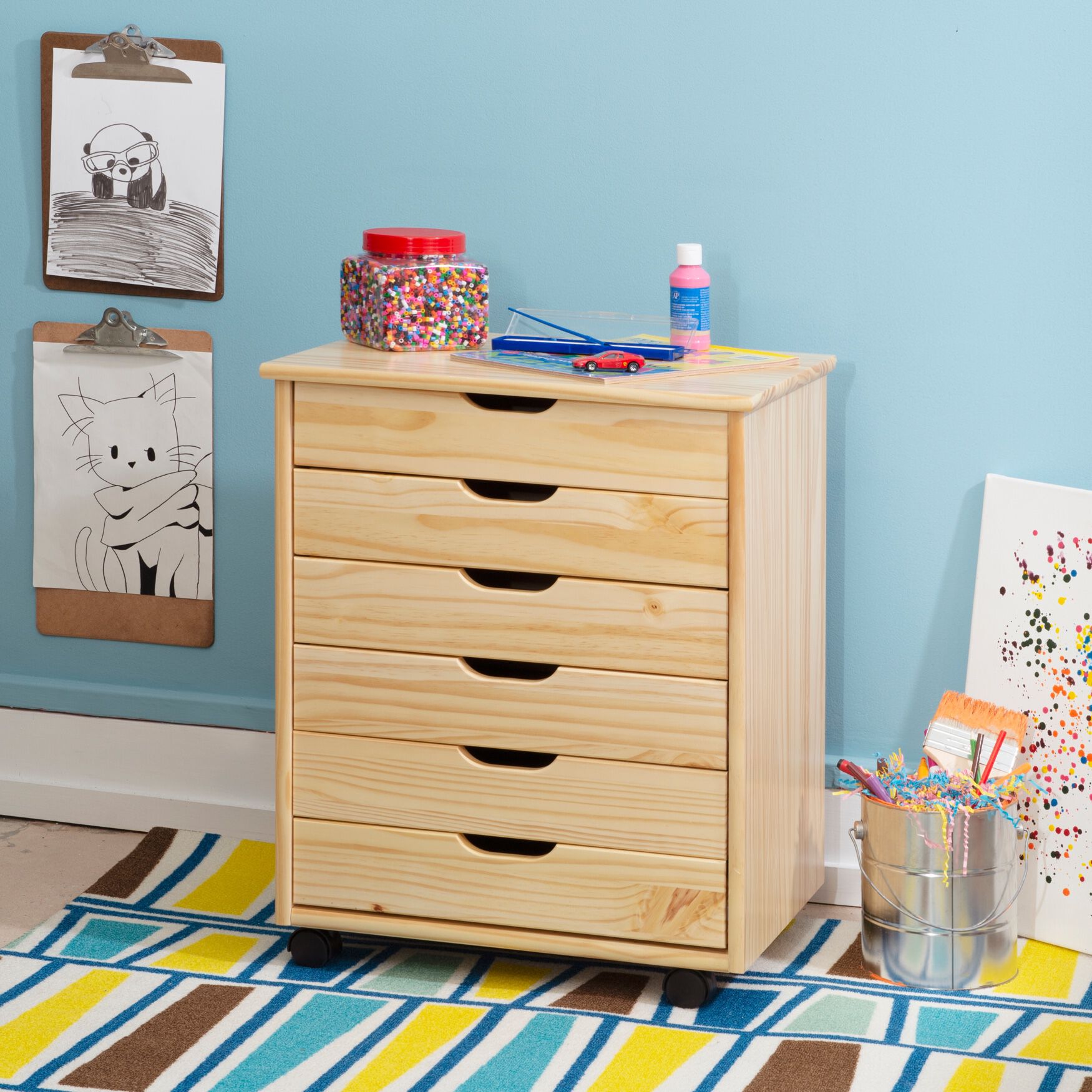 Croghan Six Drawer Wide Rolling Storage Cart, NATURAL, hi-res image number 0