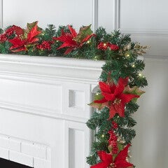 Pre-Lit Poinsettia 9' Garland