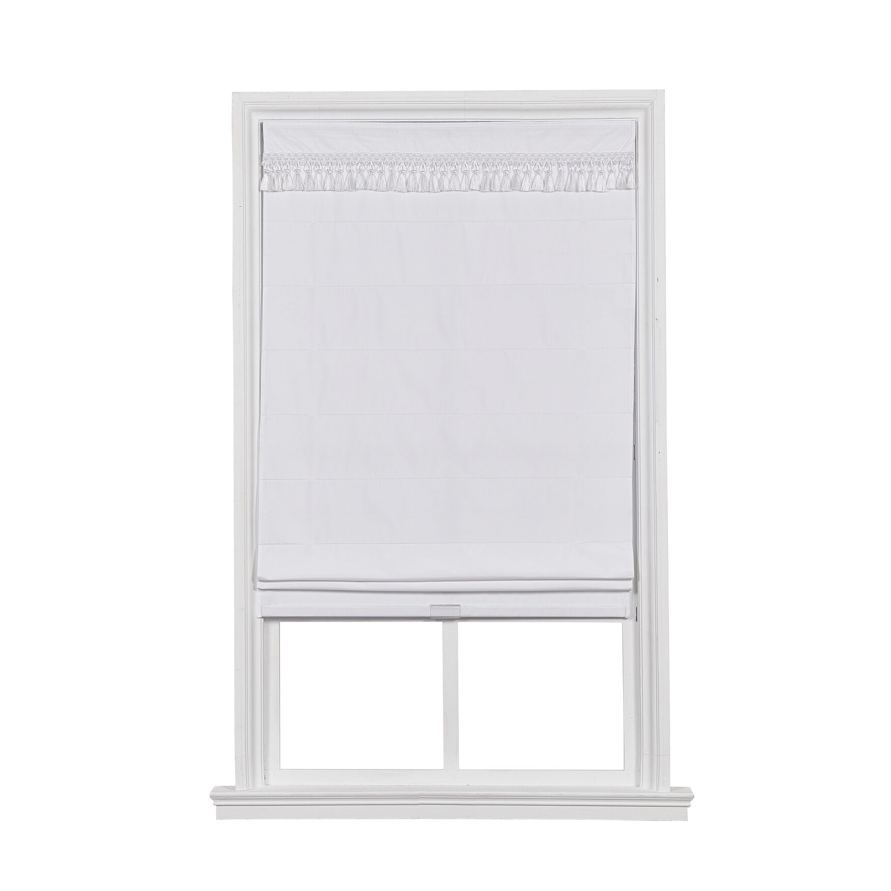 Cordless Tassel Trim Valance Flat Roman Shade, WHITE, hi-res image number 0