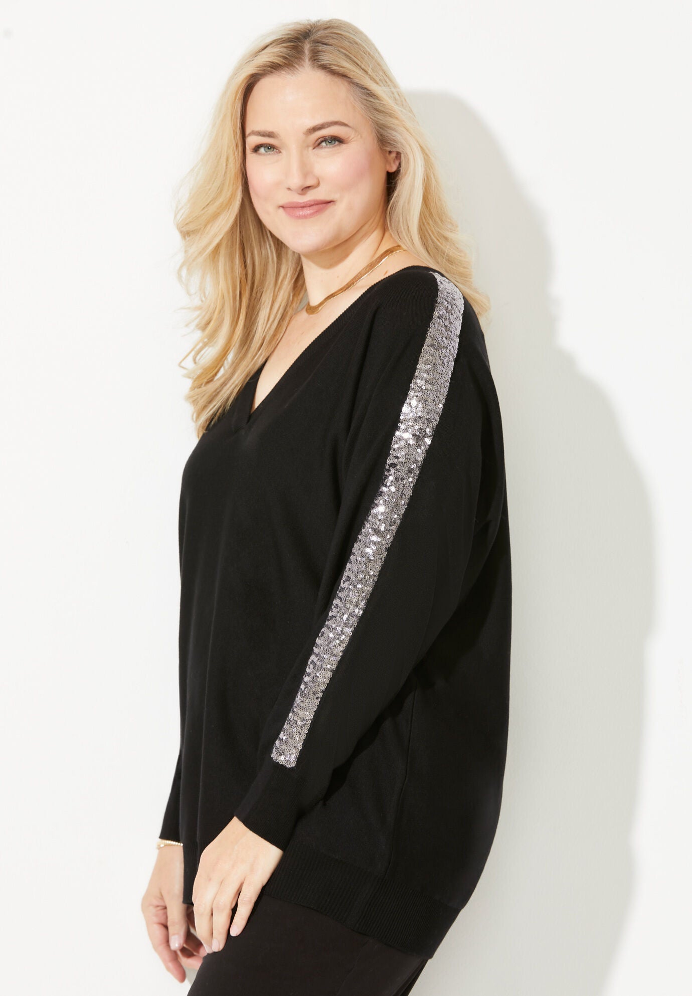 Liz&Me&reg; Racer Stripe V-Neck Sweater, , alternate image number 2