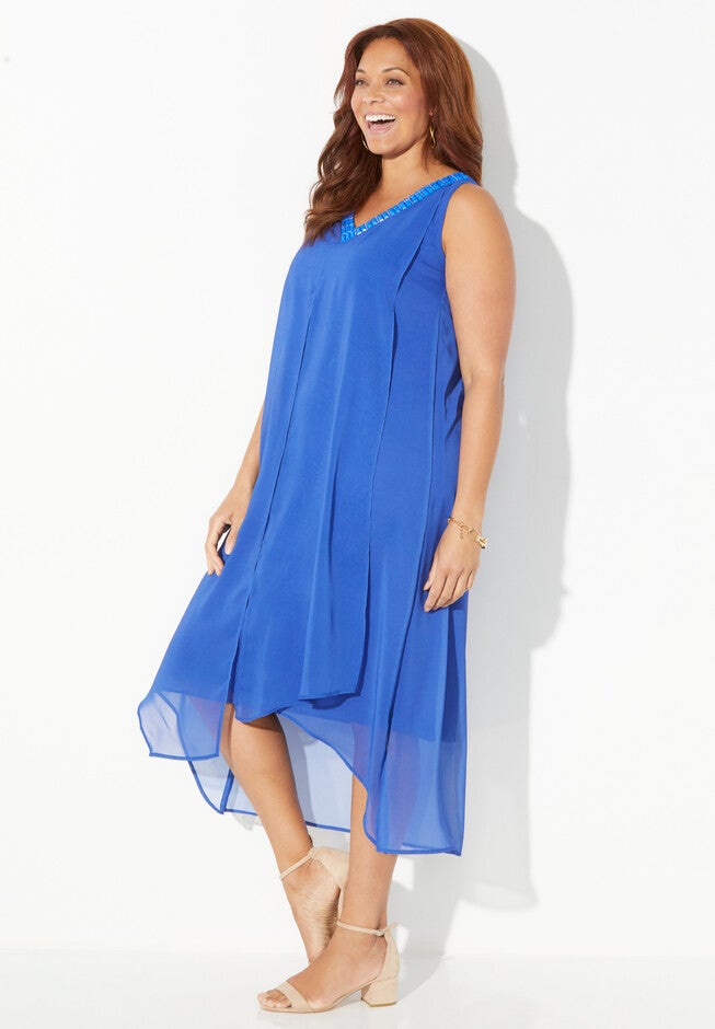 Beaded V-Neck Chiffon Dress, , alternate image number null