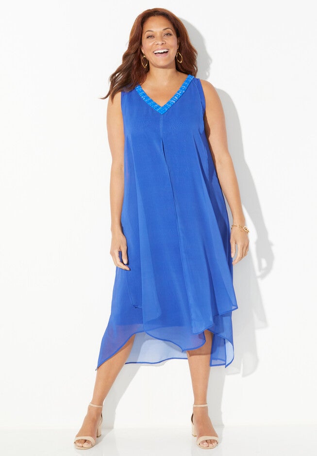 Beaded V-Neck Chiffon Dress, DARK SAPPHIRE, hi-res image number null
