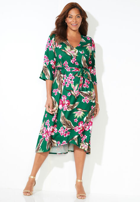 Easy Faux Wrap Dress, GREEN TROPICAL FLORAL, hi-res image number null