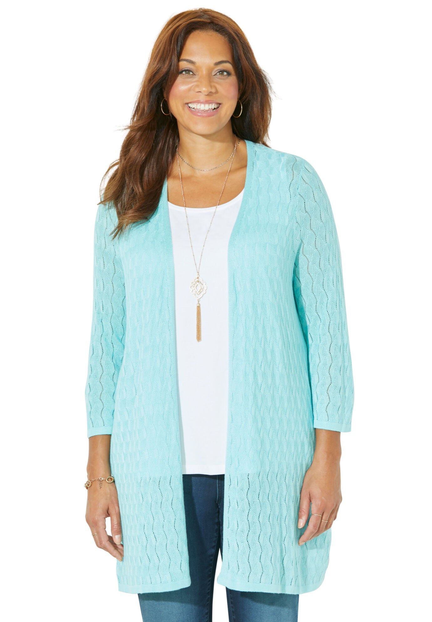 Pointelle Ombre Sweater Cardigan, LIGHT AQUA, hi-res image number 0