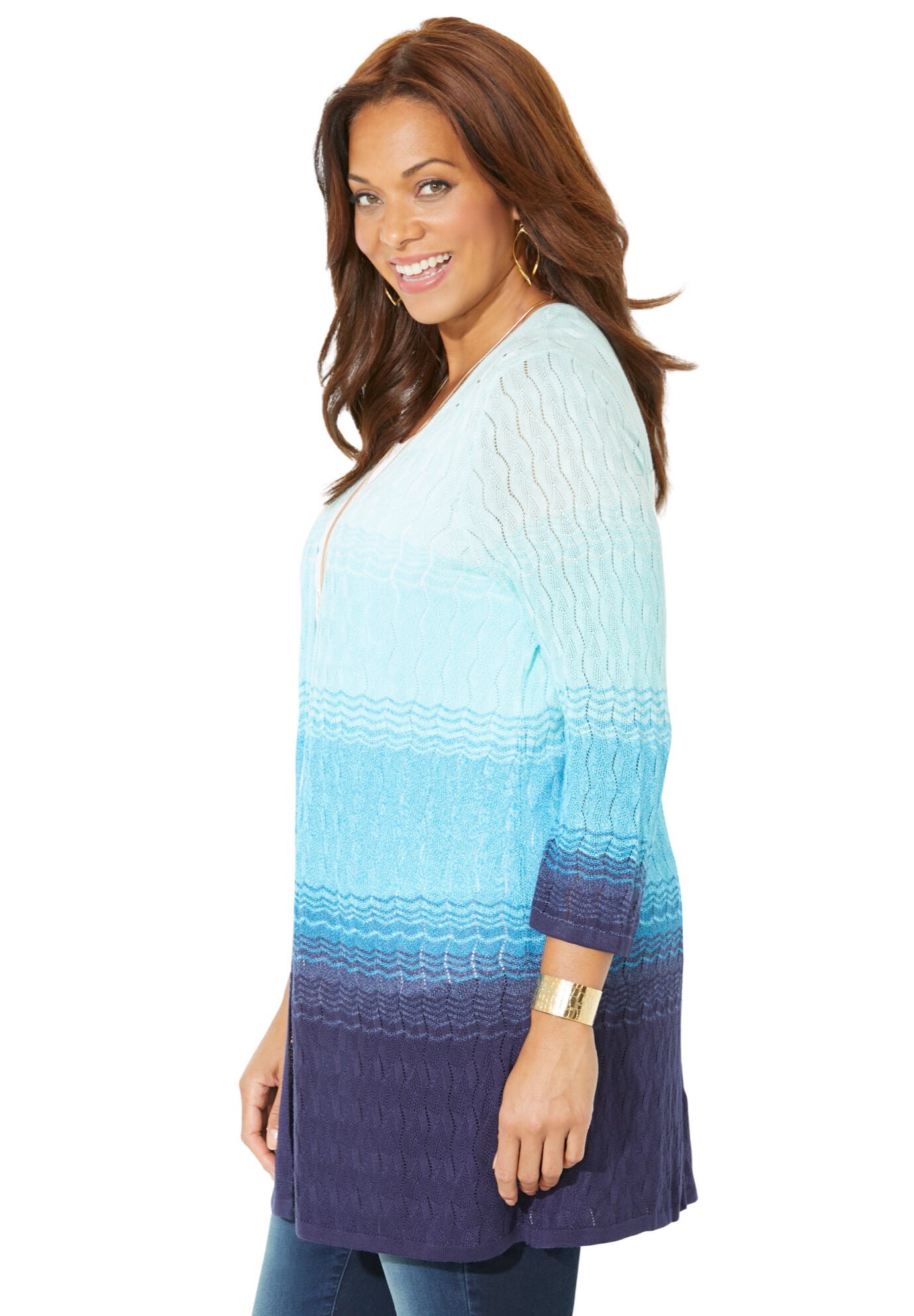 Pointelle Ombre Sweater Cardigan, , alternate image number 2