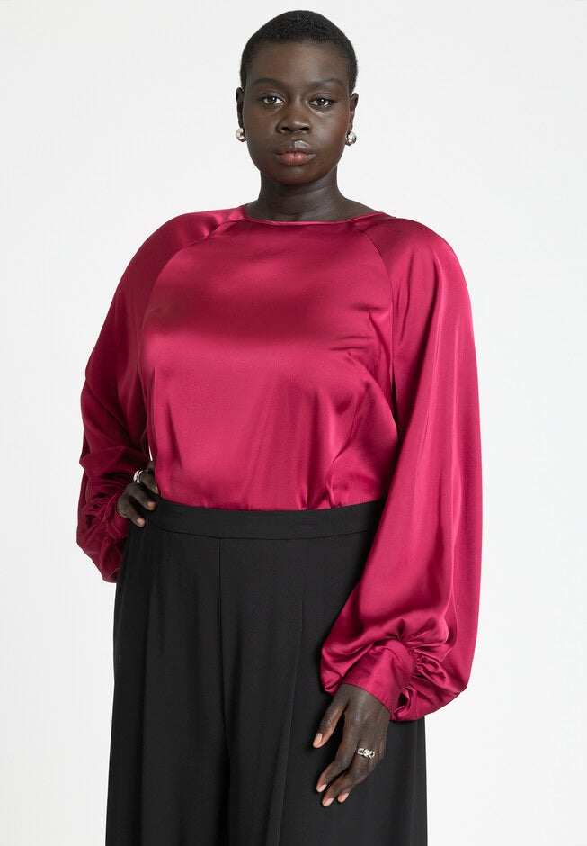 Poet Sleeve Blouse With Tie Back, BERRY CRUSH, on-hover image number null
