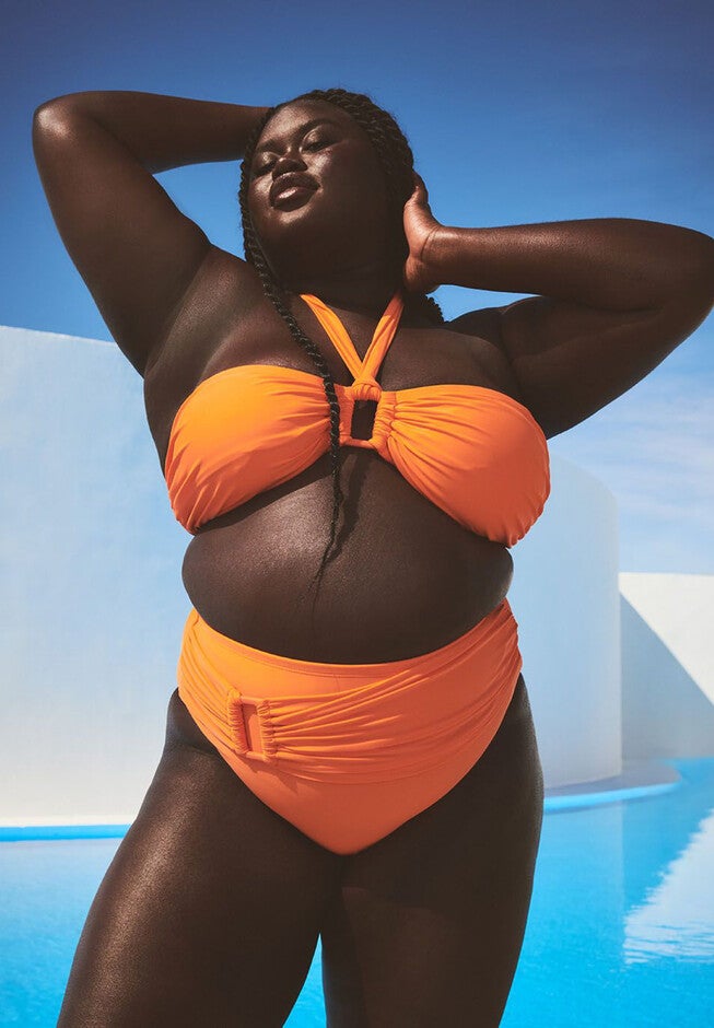 Gabi Fresh Swim x ELOQUII High Waisted Bikini Bottom with Side Sash, VIBRANT ORANGE, hi-res image number null
