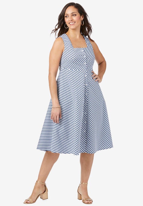 Button Front Fit and Flare Dress, WHITE SHADOW STRIPE, hi-res image number null