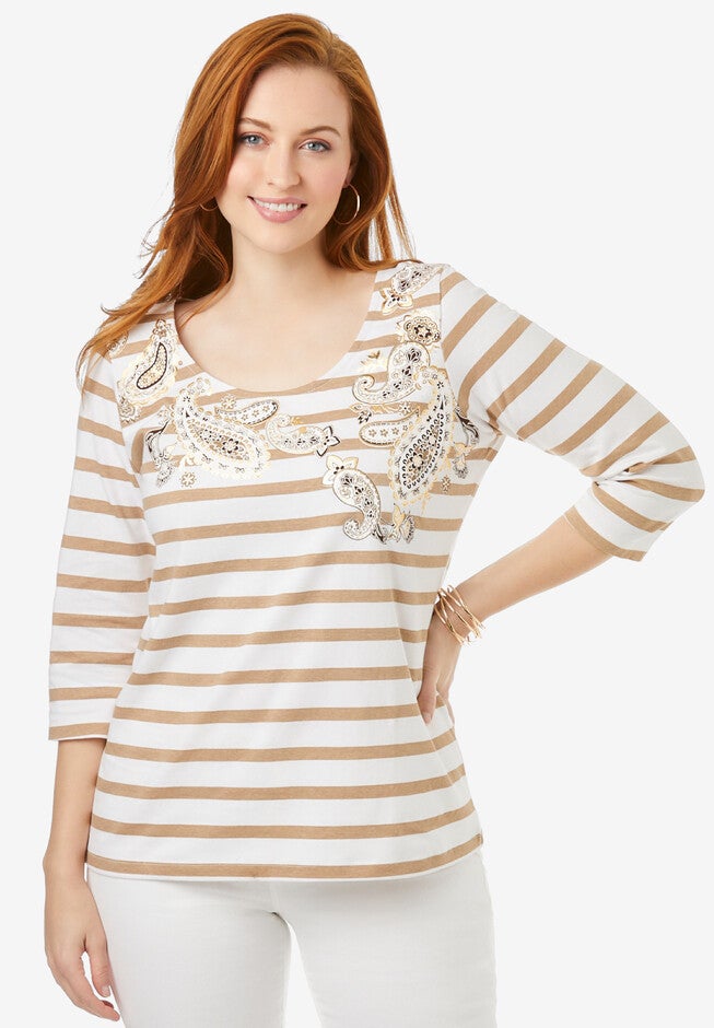 Embellished Scoop Neck Tee, NEW KHAKI STRIPE PAISLEY, hi-res image number 0