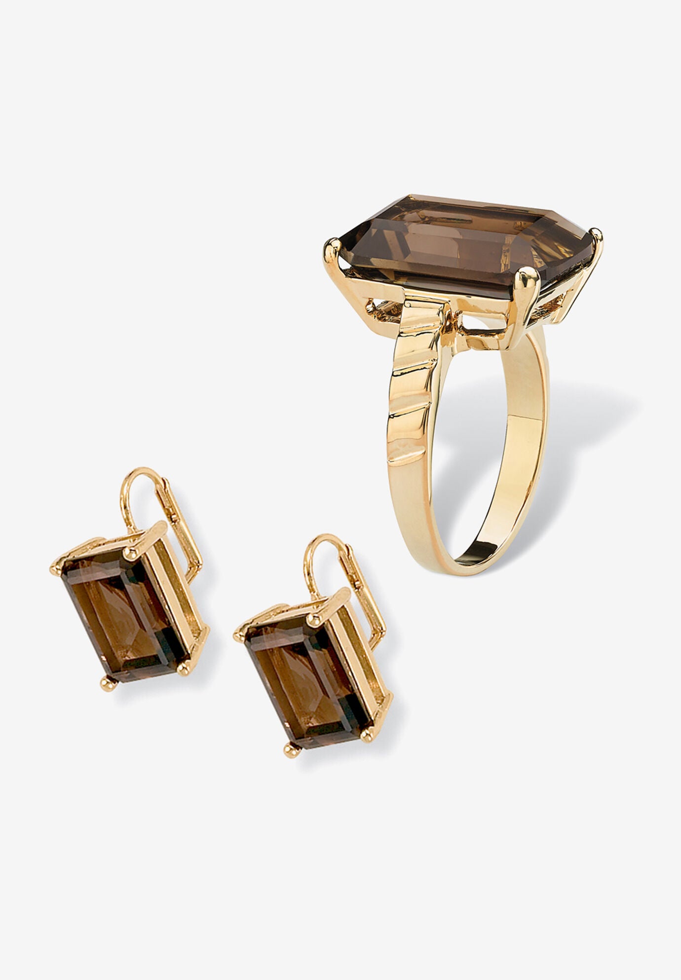 Yellow Gold-Plated Genuine Smoky Quartz Ring and Earring Set, , on-hover image number 1
