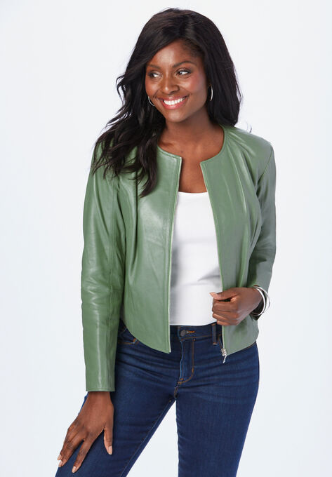 Collarless Leather Jacket, OLIVE DRAB, hi-res image number null