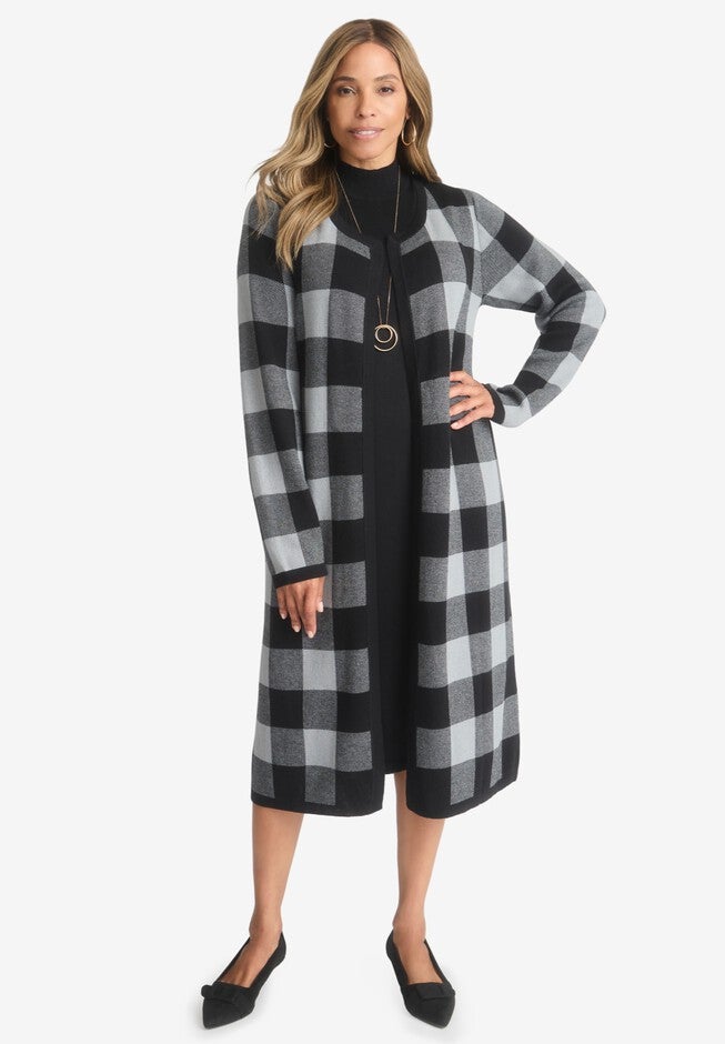 2-Piece Sweater Jacket Dress, GUNMETAL MEGA GINGHAM, hi-res image number null