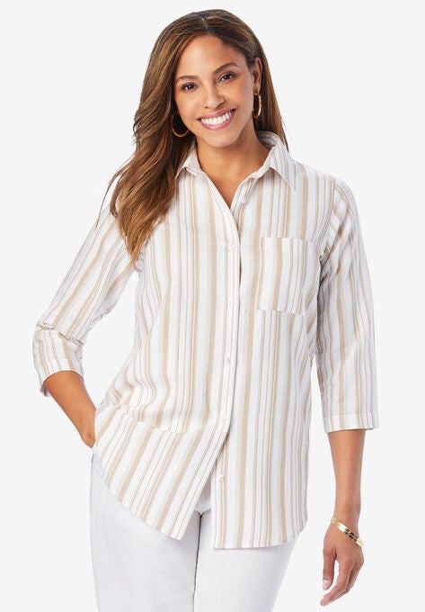 Linen 3/4 Sleeve Tunic, NEW KHAKI VARIGATED STRIPE, hi-res image number null
