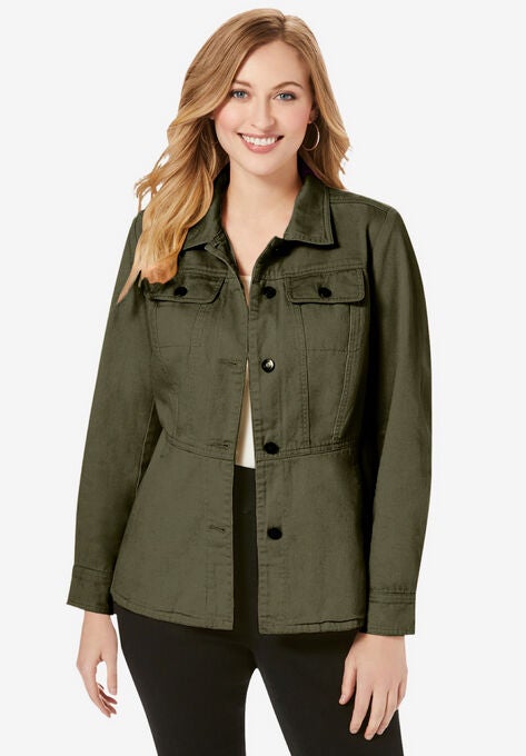 Peplum Denim Jacket, DARK OLIVE GREEN, hi-res image number null