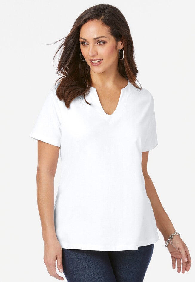 Short Sleeve Notch Neck Tee, WHITE, hi-res image number 0