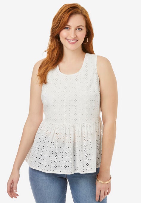 Eyelet Peplum Top, WHITE, hi-res image number null