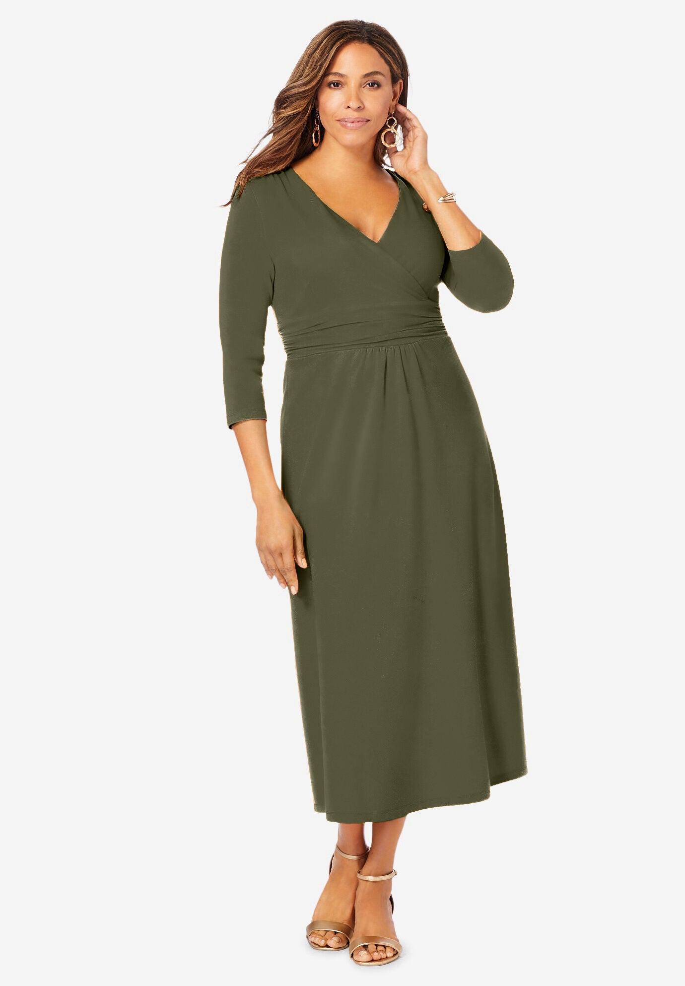 Stretch Knit Surplice Midi Dress, DARK OLIVE GREEN, hi-res image number 0