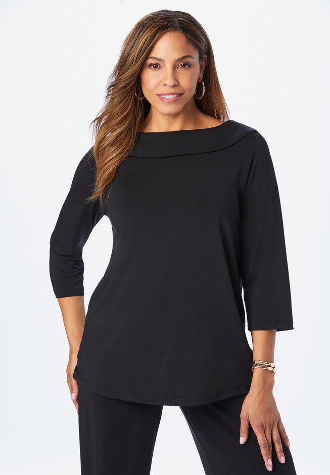 Fold-Over Boatneck Top, BLACK, hi-res image number 0