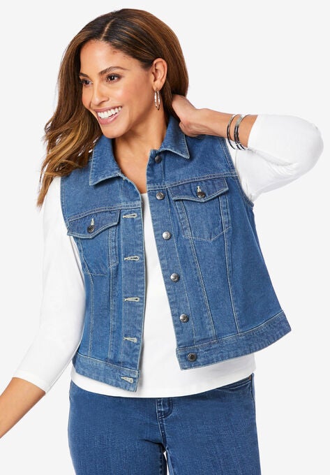 Cropped Denim Vest, MEDIUM STONEWASH, hi-res image number null