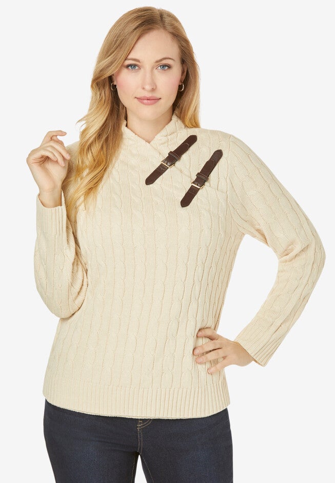 Buckle-Trim Turtleneck, OATMEAL, hi-res image number null