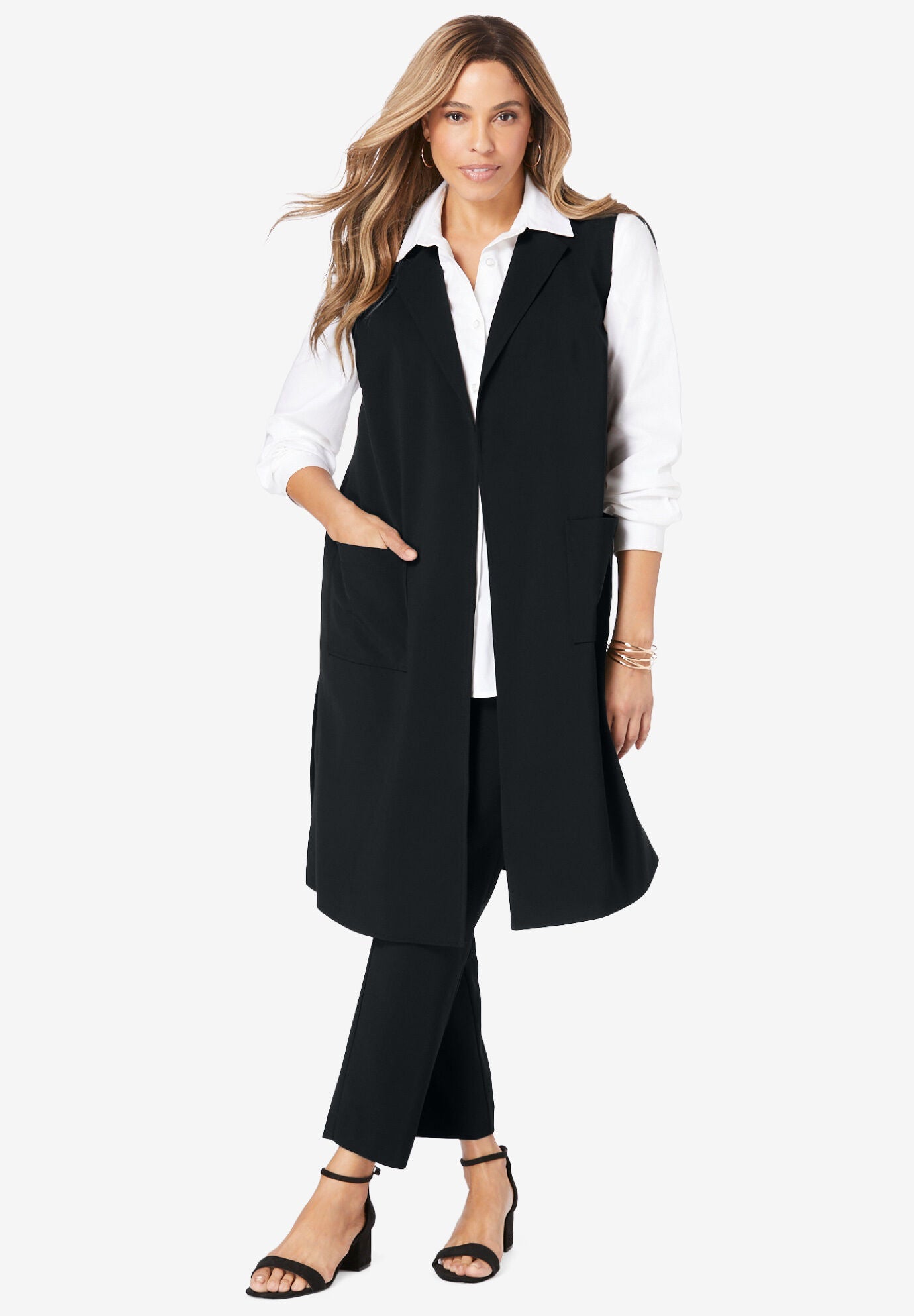 Bi-Stretch Tie-Front Gilet, BLACK, hi-res image number 0