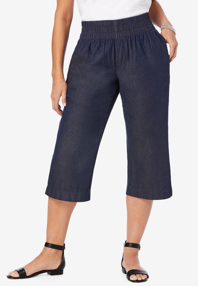 Wide-Leg Crop Chambray Pants, INDIGO, hi-res image number 0