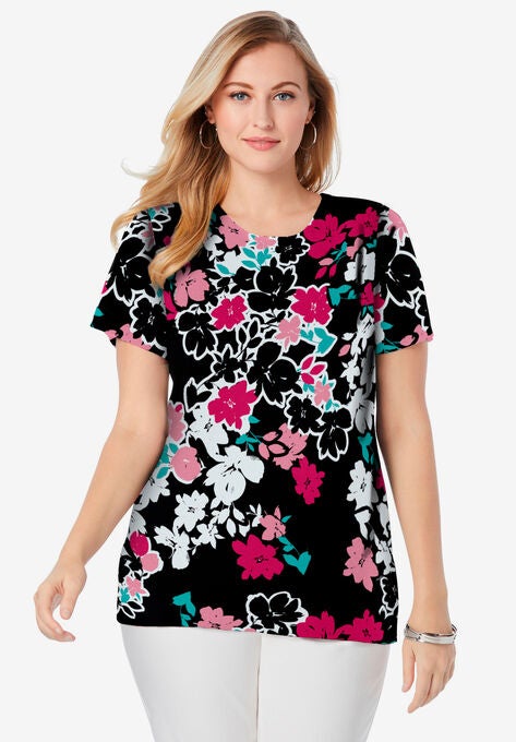 Fine Gauge Crewneck Shell, PINK BURST FLOWER, hi-res image number null