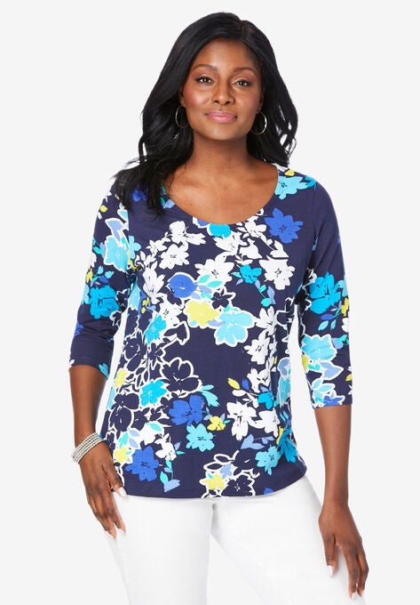 Scoop-Neck Tee, BLUE FLOWER, hi-res image number null