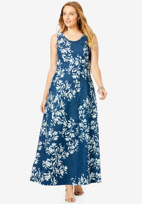 Denim Maxi Dress, MEDIUM STONEWASH LEAF, hi-res image number null