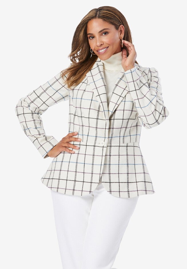 Wool-Blend Peplum Blazer, TEAL PURPLE SIMPLE PLAID, hi-res image number null