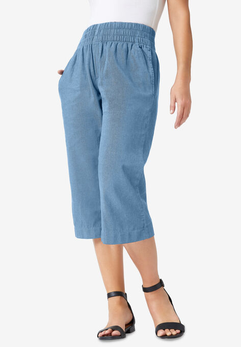 Wide-Leg Crop Chambray Pants, LIGHT WASH, hi-res image number null