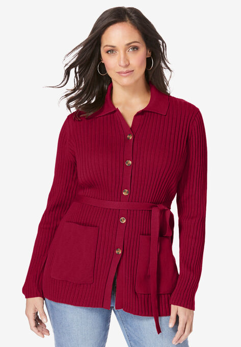 Button Down Rib Cardigan, RICH BURGUNDY, hi-res image number null