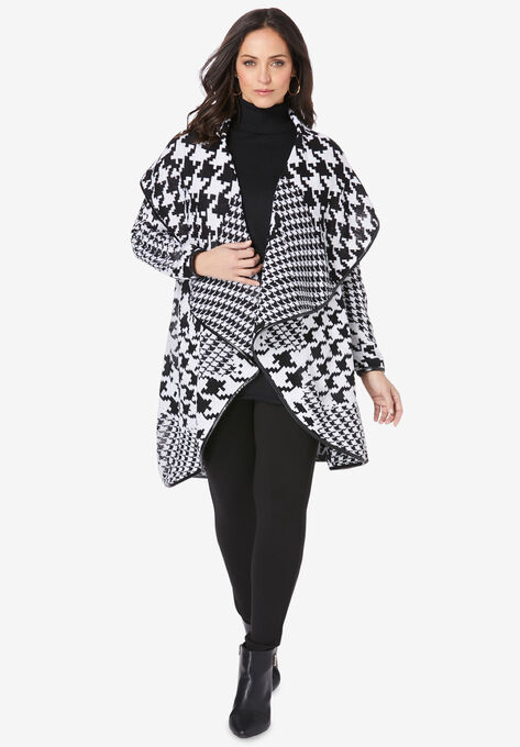 Faux Leather-Trim Sweater, BLACK HOUNDSTOOTH PATCHWORK, hi-res image number null