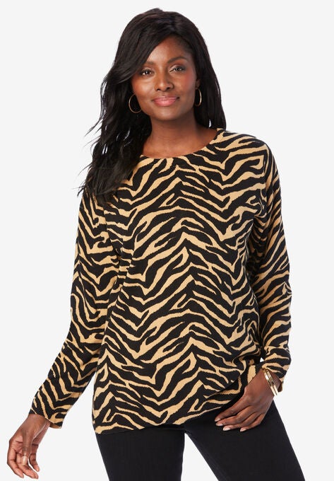 Crewneck Print Sweater, SOFT CAMEL ZEBRA, hi-res image number null