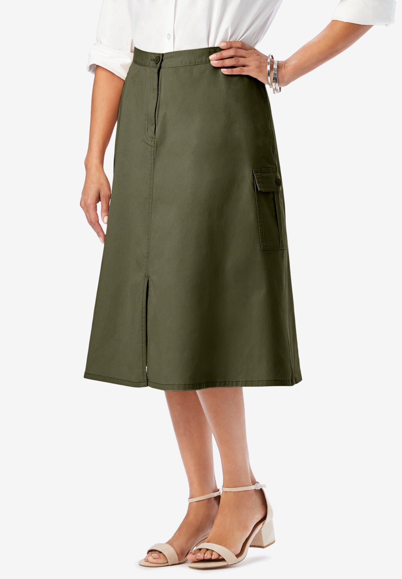 Stretch Cotton Chino Utility Skirt, DARK OLIVE GREEN, hi-res image number 0