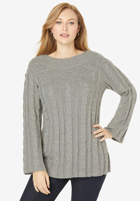 Cable Sweater Tunic, MEDIUM HEATHER GREY, hi-res image number null