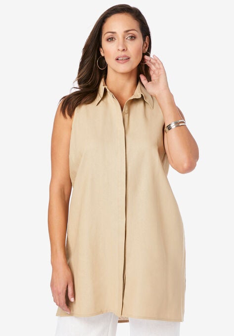 Linen-Blend Sleeveless Shirt, NEW KHAKI, hi-res image number null