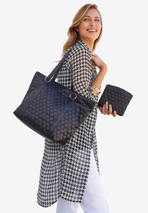 Quilted Metallic Tote Set, BLACK, hi-res image number null