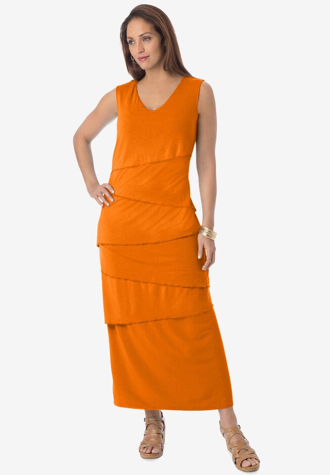 Stretch Knit Tiered Maxi Dress, ULTRA ORANGE, hi-res image number null