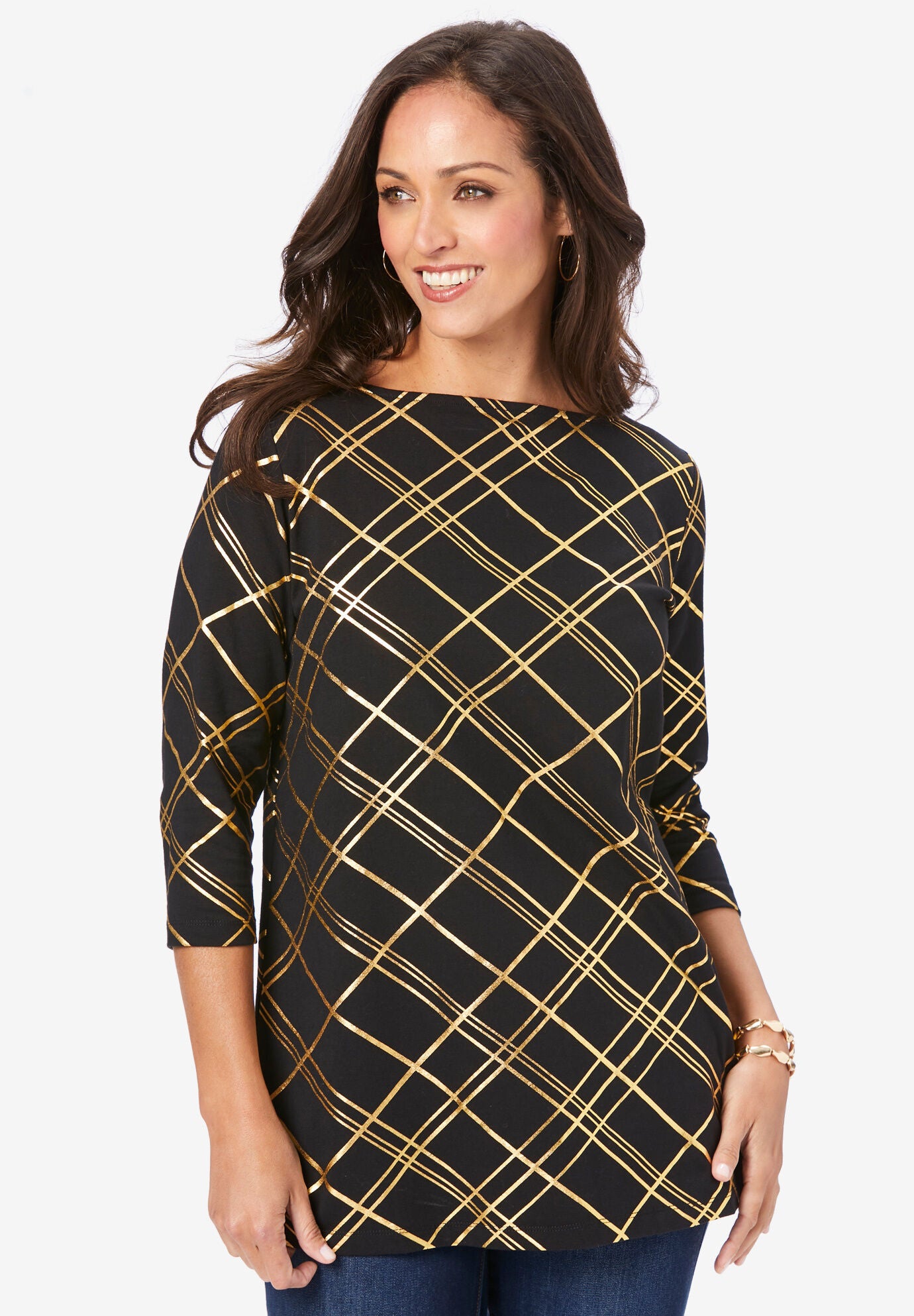 Holiday Print Tunic, BLACK METALLIC BIAS STRIPE, hi-res image number 0