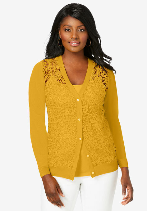 Crochet Open Front Cardigan, SUNSET YELLOW, hi-res image number null