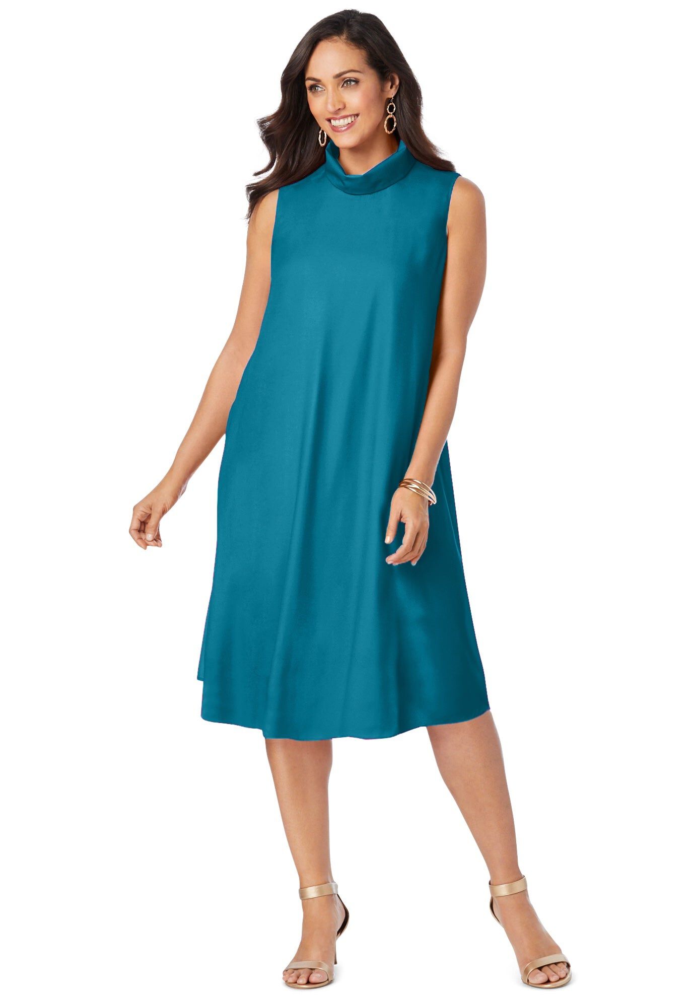 Georgette Mock Neck Dress, DEEP TEAL, hi-res image number 0