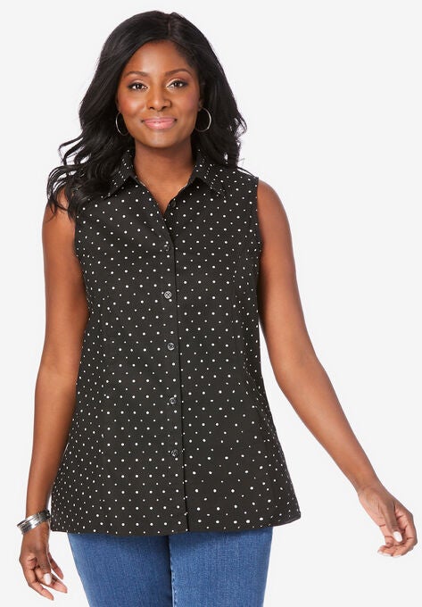 Poplin Button-Front Blouse, BLACK DOT, hi-res image number null