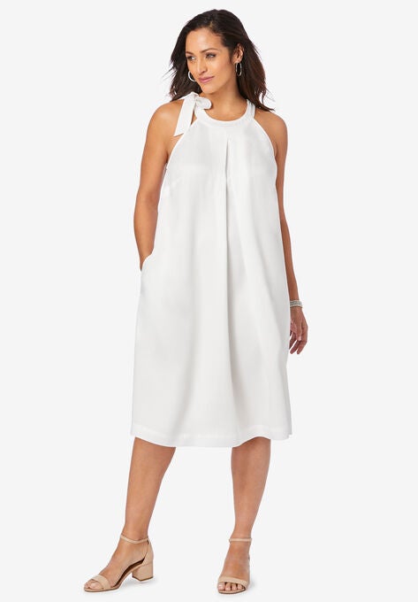 Denim Tie-Neck Dress, WHITE, hi-res image number null