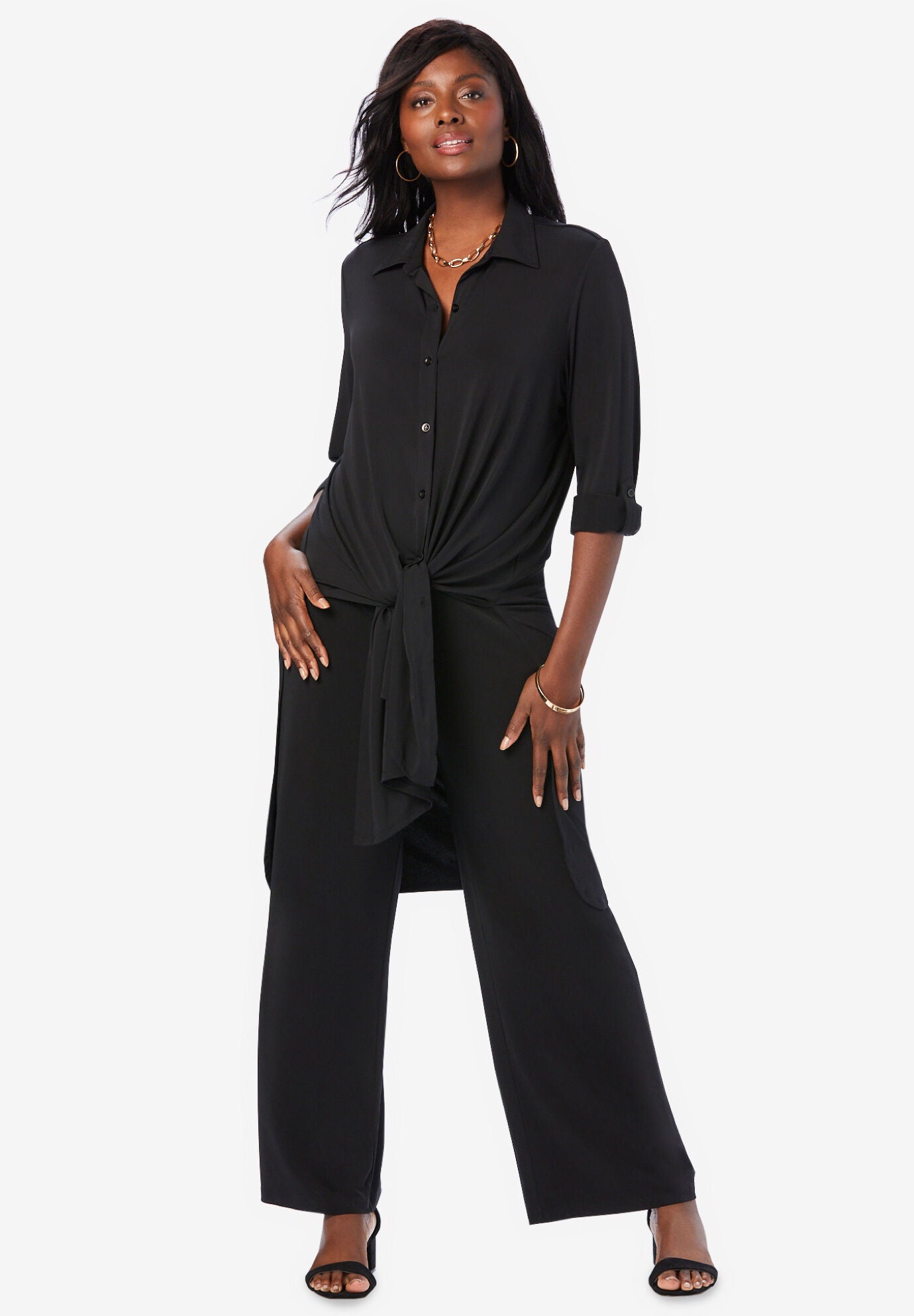 Tie Front Knit Mega Tunic, BLACK, hi-res image number 0